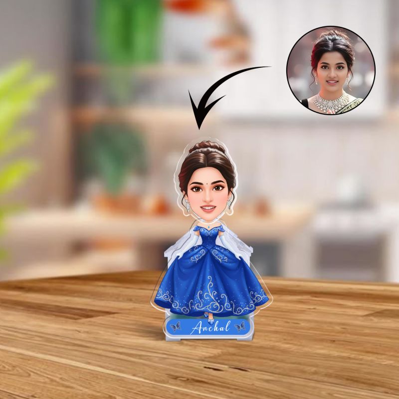 Personalized Cinderella Princess Blue dress Bobblehead Caricature Theme for Kids Birthday Gift, Kids Room & Home Decor Birthday Return Gift for Girls Battery Powered Shaking Head